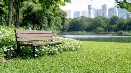 Tranquil park bench by a lake. Lush greenery surrounds a wooden bench, perfect for relaxation. City skyline in the background