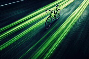 Fototapeta premium Vibrant green light trails with a bicycle on a dark road at night
