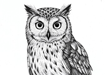 A monochrome stippling illustration of an owl, crafted with countless black ink dots. Intricate shading and texture define feathers, eyes, and beak on a clean white background.