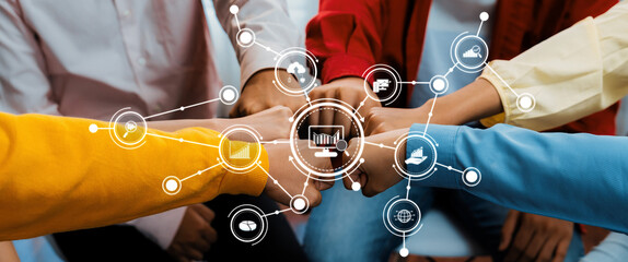 Dynamic image of diverse hands connecting to symbolize teamwork and collaboration in digital analytics. Emphasizes strategies for data interpretation and decision-making success. Amity