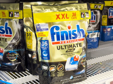 Finish powerball ultimate dishwasher detergent in supermarket shelf display