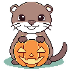 Pixel Art Otter Holding Jack O Lantern on Transparent Background