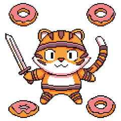 Pixel Art Warrior Tiger with Sword and Pink Donuts on Transparent Background