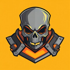 A stylized cartoon skull with a menacing expression on its face