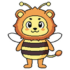 Pixeled Cute Lion Bee Hybrid Character with Stripes and Wings on White Background