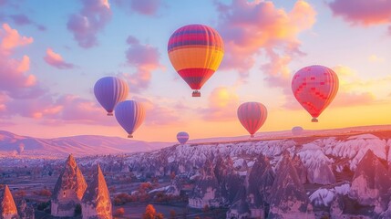 Obraz premium Hot Air Balloons Ascend Over Cappadocia Landscape at Colorful Sunrise