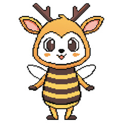 Pixel Art Deer with Antlers and Beestriped Body on Transparent Background