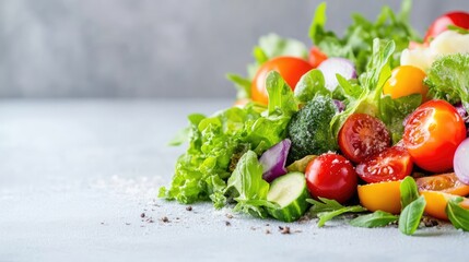 A vibrant salad features fresh lettuce, tomatoes, cucumbers, and broccoli. The composition showcases a generous portion on a light gray surface. High-quality image with natural lighting enhances the