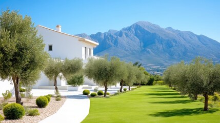 Modern villa nestled among olive groves, mountain backdrop