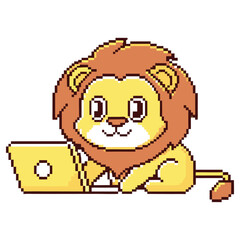Pixel Art Lion with Laptop Isolated on Transparent Background, Cute Cartoon Character