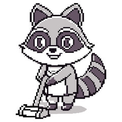 Pixel Art Raccoon Cleaning Tool with Transparent Background for Game Asset Use