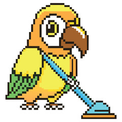 Obraz premium Pixel Art Parrot Vacuuming, Yellow and Orange Bird, Transparent Background