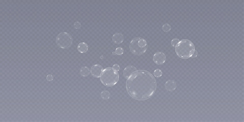 Soap Bubbles are located on a transparent background . Collection of realistic  bubbles, 3D soap balloon. Foam, powder,  Png, soap, detergen, Vector flying  bubbles.