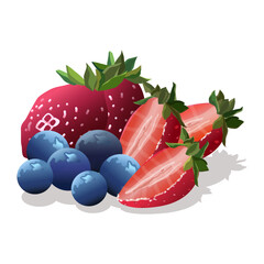 Cake decoration with fresh whole and cut strawberries and fresh juicy blueberries. Fruit vector illustration for healthy dessert or sweet dressing.