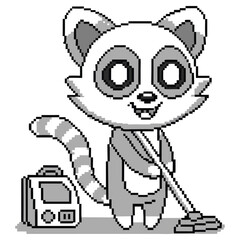 Pixelated Raccoon Janitor with Cleaner and Mop in Striped Style on White Background