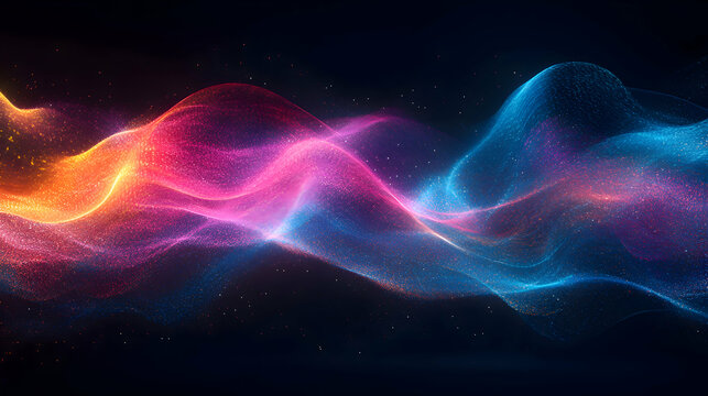 A high-resolution wallpaper of vibrant neon waves in a mix of blue, pink, and purple, creating a dynamic and fluid digital landscape