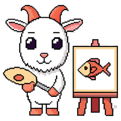 Pixel Art White Goat Artist with Palette and Fish Painting on Easel Isolated