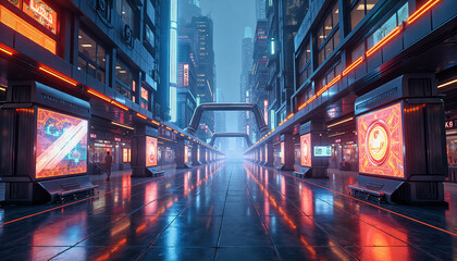 Obraz premium Trendy neo futurism 2025 ai design rendering: A lone figure walks down a glistening, neon-lit street in a futuristic cityscape, surrounded by towering buildings and vibrant digital advertisements.