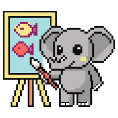 Pixel Art Style Elephant Painting Fish on Easel with Brush on Transparent