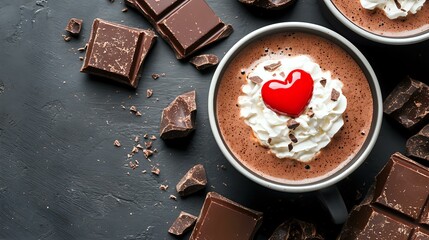 Hot chocolate topped with whipped cream and red heart decoration in dark mug, surrounded by chocolate pieces on black background. Perfect for Valentine's Day.