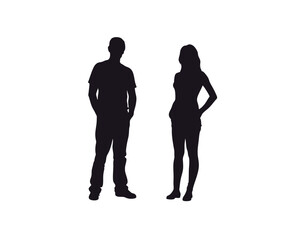 Black silhouettes of people walking together, a woman amidst the group.