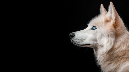 Obraz premium White Siberian Husky with striking blue eyes in profile view against black background, dramatic studio lighting highlights fur texture and noble expression.