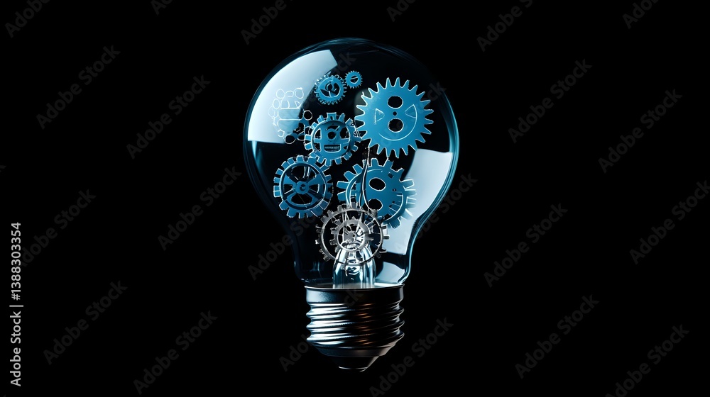 Poster glowing lightbulb with mechanical gears inside on black background shows concept of innovation, crea