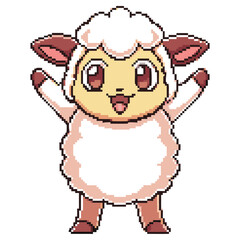 Cheerful Pixel Art Lamb Character with Upward Arms on Transparent Background