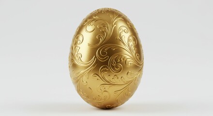 A golden easter egg with intricate floral patterns on a white background studio shot close up view