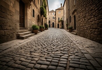 A cobblestone street in an old town with stone buildings.