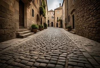 Fototapeten A cobblestone street in an old town with stone buildings. © Daniel