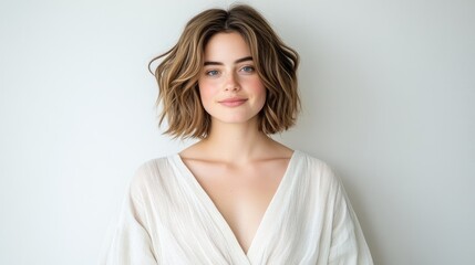 Obraz premium A young woman with short wavy hair looking at the camera, wearing a white blouse, standing against a plain light background, and minimalistic portrait.