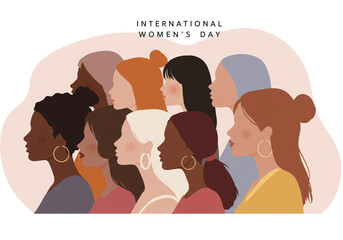 Stylized silhouettes of women from all walks of life, shown in soft pastels and side view. A modern graphic celebrating inclusivity, strength, and International Women’s Day unity.
