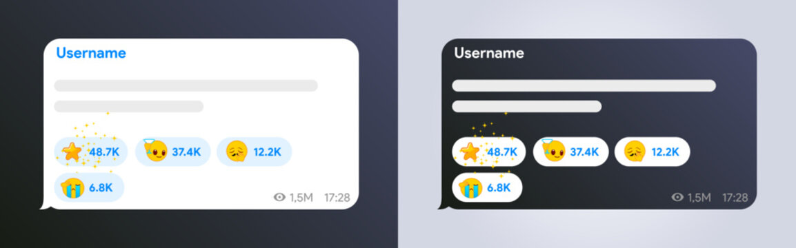 Messenger text bubble template. Premium telegram text message with emoji reactions interface. Whatsapp speech box mock up. Like engagement counter.  Text blog post layout. Vector Illustration.