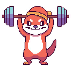 Pixel Art Otter Lifting Barbell on White. Gym, Workout, Fitness Concept