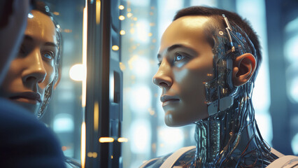 Cybernetic Human Staring at Mirror &ndash; Concept of Transhumanism and Identity