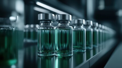 A visually striking image of lined-up green liquid vials on a production line, evoking a sense of science, precision, and innovation in pharmaceutical production.