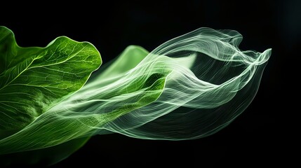 Ethereal green smoke effect blending with natural leaf creates mystical flowing abstract design against dark background. Suitable for wellness and nature concepts.