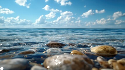 This image captures the serene beauty of the seaside, featuring smooth stones partially submerged in clear waters, reflecting the tranquil blue sky and soft white clouds above.