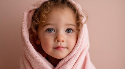 Close-up portrait of a young child, likely a toddler, wrapped in a pink towel. the child has curly blonde hair and blue eyes, and is looking directly at the camera with a curious expression.