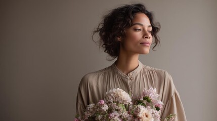 Portrait of a young woman with curly hair. she is wearing a beige blouse and is holding a bouquet of pink and white flowers in her hands.