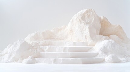 White Stone Steps Powdery Mountain Minimalist Style High-Key Lighting Wide Angle View Textured Surface Product Display Clean Background Soft White Hues Ideal for Branding Projects