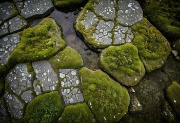 A group of green moss covered rocks on a rocky beach.