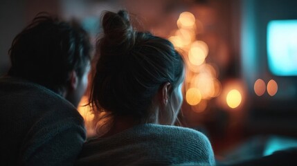 Couple sitting on a couch, facing each other with their backs to the camera. the man and woman are facing away from the camera, with the man's head resting on the woman's shoulder.