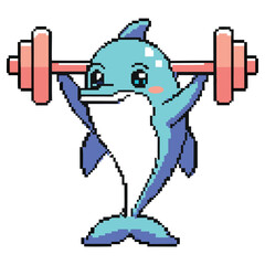 Pixel Art Cheerful Dolphin Lifting Barbell with a Transparent Background