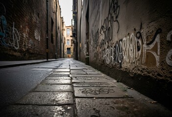 Obraz premium A narrow alleyway with graffiti on the walls.