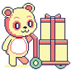 Pixel Art Panda Pushing Gifts on a Cart with Transparent Background