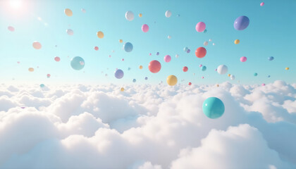 Fototapeta premium Pastel Spheres Floating Above Fluffy Clouds