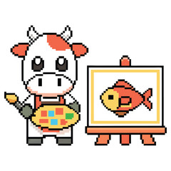 Pixel Art Cow Painting Goldfish, Brush & Palette, White Background, Cute, 8bit