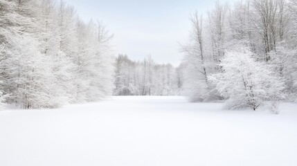 Obraz premium Snow-covered forest landscape with trees and open snowy field, serene winter scene with clear sky, and peaceful and tranquil nature setting.